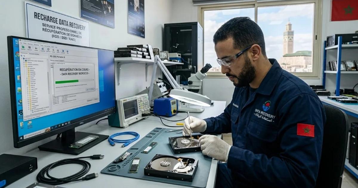 Data recovery Morocco lab in Casablanca — technician recovering an open hard drive with PC-3000 tools, Hassan II Mosque visible